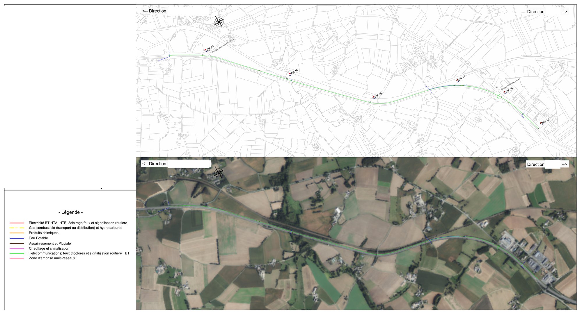 Utility network survey plan along a departmental road, created in AutoCAD