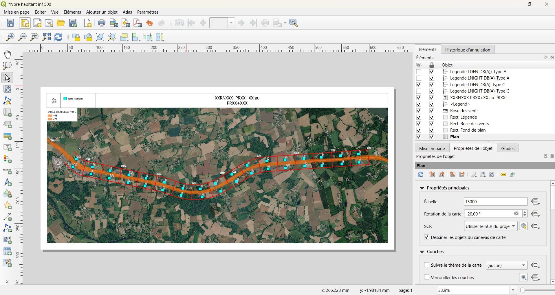 QGIS layout of a noise exposure study along a road corridor