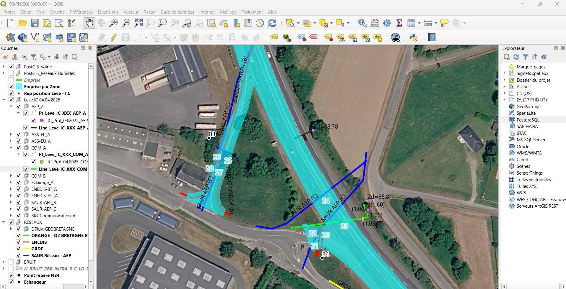 Detailed utility network mapping in QGIS, close-up view of an intersection