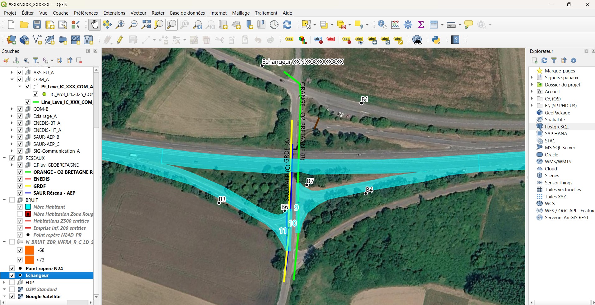 Utility network mapping in QGIS at a roundabout